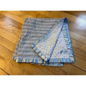 Child of Mine Carters Blue Brown Stripe Pawprint Flannel baby Blanket Satin Trim